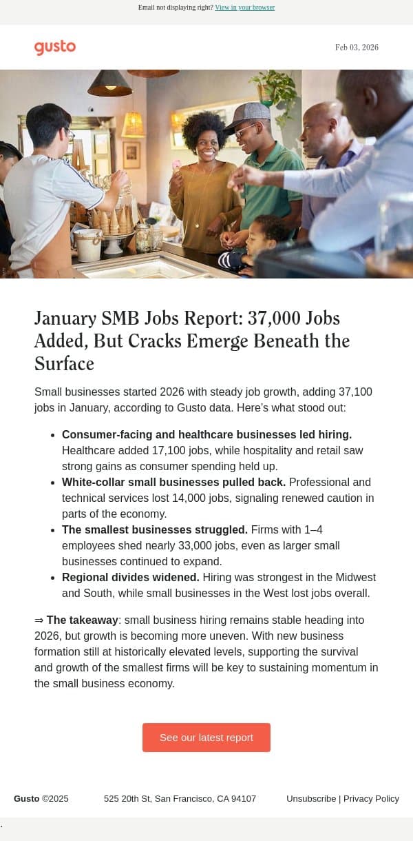 Gusto’s January Jobs Report: SMBs add 37,000 jobs - but white-collar firms pull back email from Gusto screenshot