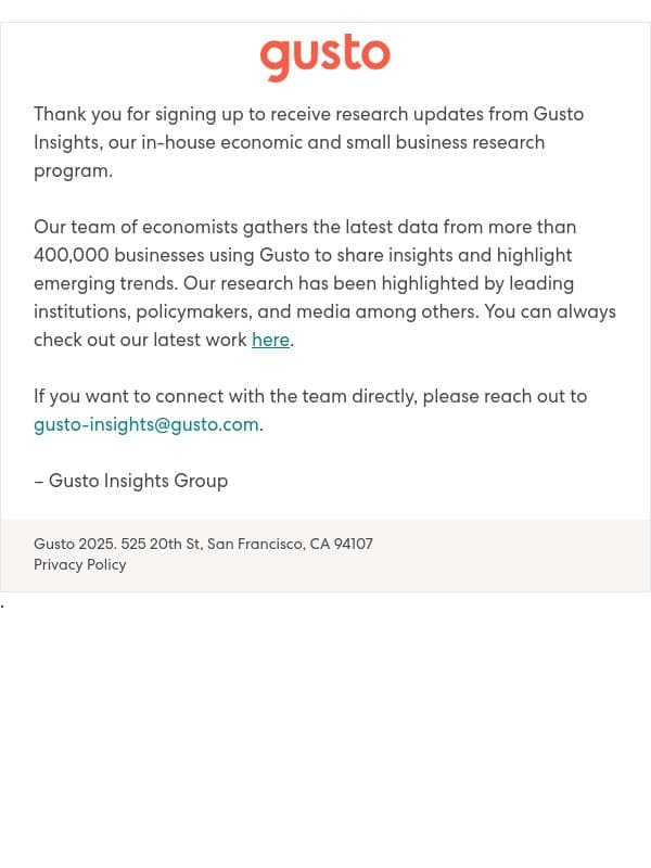 You’ve Successfully Subscribed to Updates from Gusto Insights email from Gusto screenshot