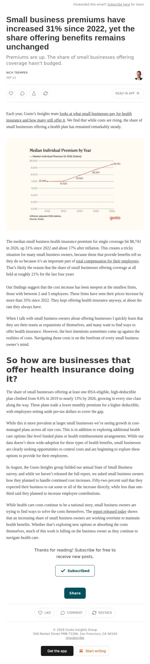 Small business premiums have increased 31% since 2022, yet the share offering benefits remains unchanged email from Gusto screenshot