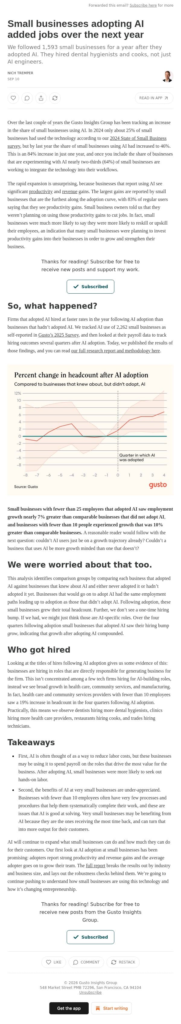 Small businesses adopting AI added jobs over the next year email from Gusto screenshot