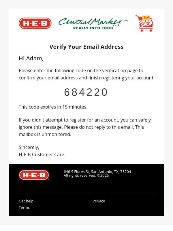 Verify your email to complete registration email from H-E-B screenshot