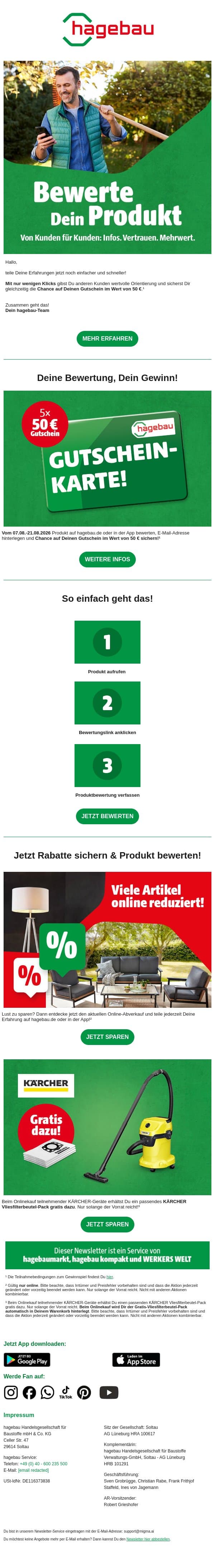 Produkt bewerten, Gewinnchance sichern! email from Hagebau screenshot