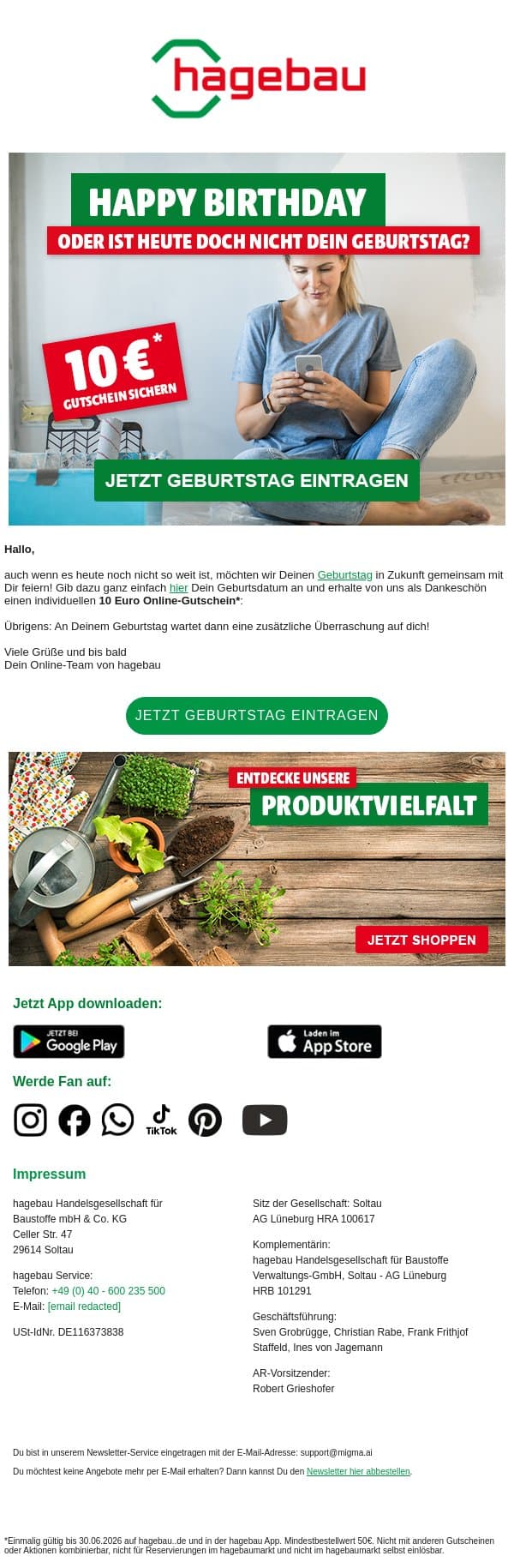 Happy Birthday to you.... email from Hagebau screenshot