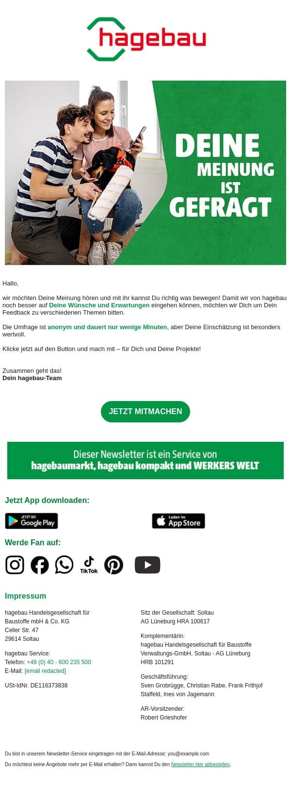 📢 Mit Deiner Meinung etwas bewegen! email from Hagebau screenshot
