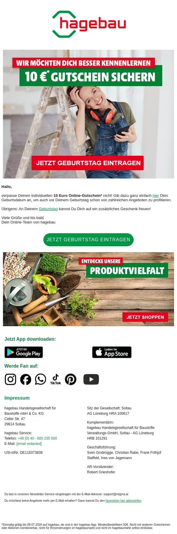 Nicht verpassen: Geburtstag angeben und 10 Euro Online-Gutschein* sichern! email from Hagebau screenshot