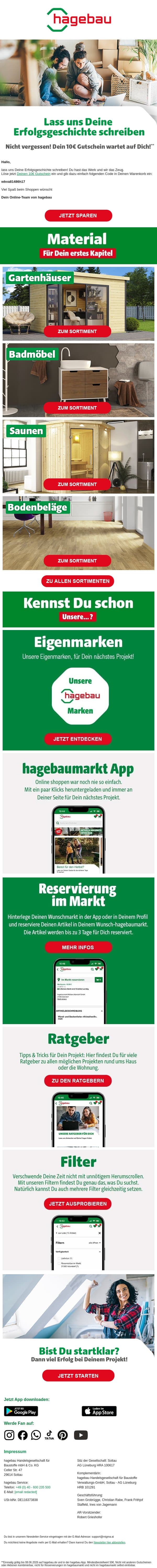 Nicht vergessen! Dein 10€ Gutschein wartet auf Dich! email from Hagebau screenshot