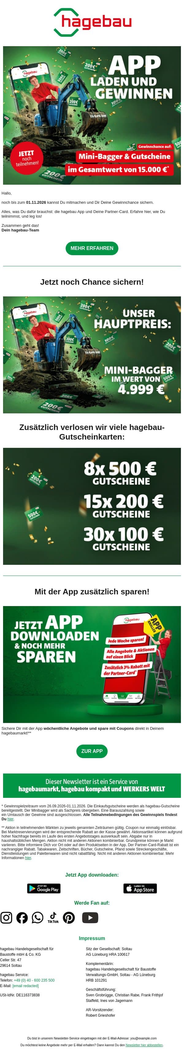 Jetzt noch Gewinnchance sichern! email from Hagebau screenshot
