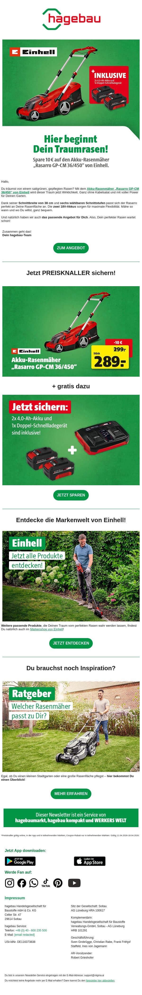 Dein Rabatt für den Traumrasen! email from Hagebau screenshot