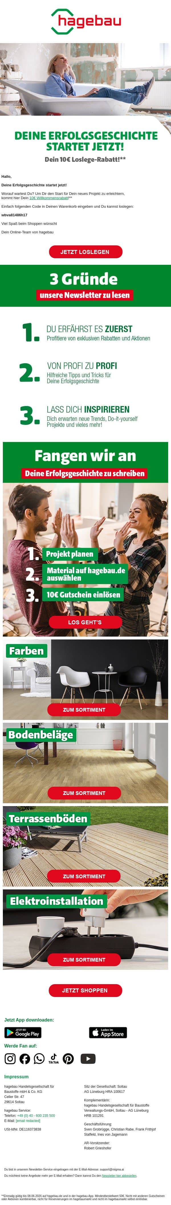 Dein 10€ Loslege-Rabatt - jetzt einlösen! email from Hagebau screenshot