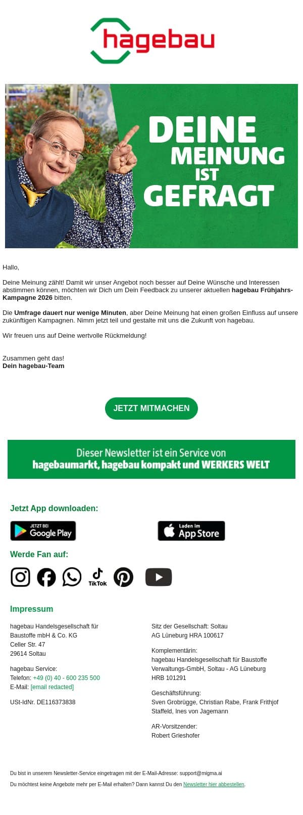 Deine Meinung ist gefragt! email from Hagebau screenshot