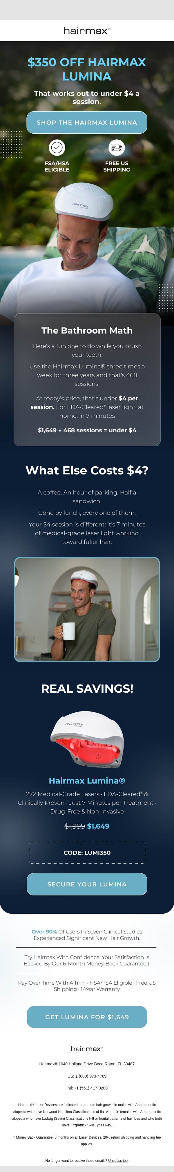 Under $4 a session for FDA-cleared laser light email from HairMax screenshot