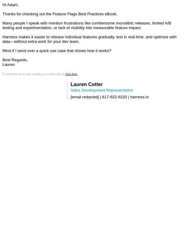 Adam / Lauren intro email from Harness screenshot