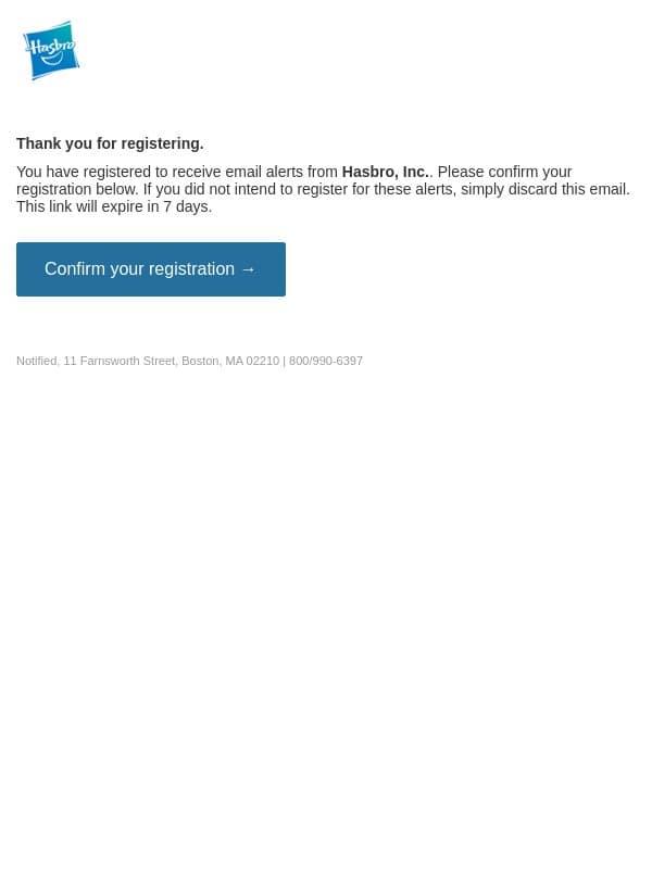 Please confirm your email alert subscriptions for Hasbro, Inc. email from Hasbro screenshot