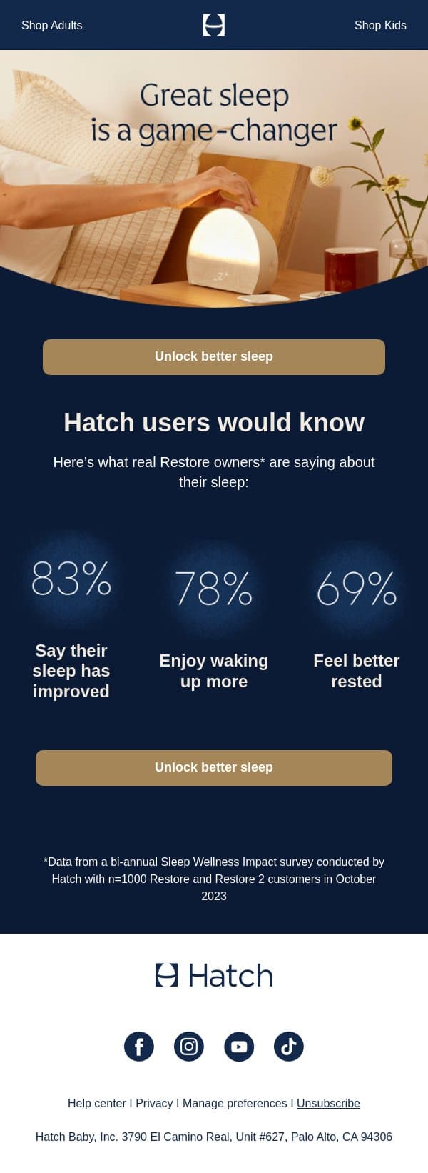 FYI...You could be sleeping like this 👉 email from Hatch screenshot