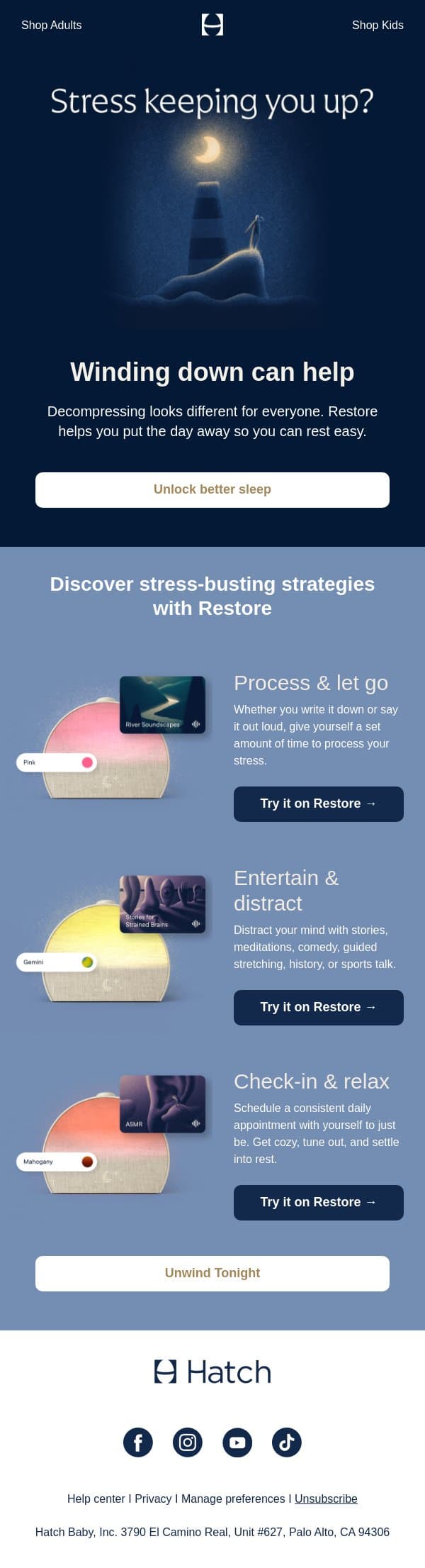 How to put your day to rest without the stress email from Hatch screenshot