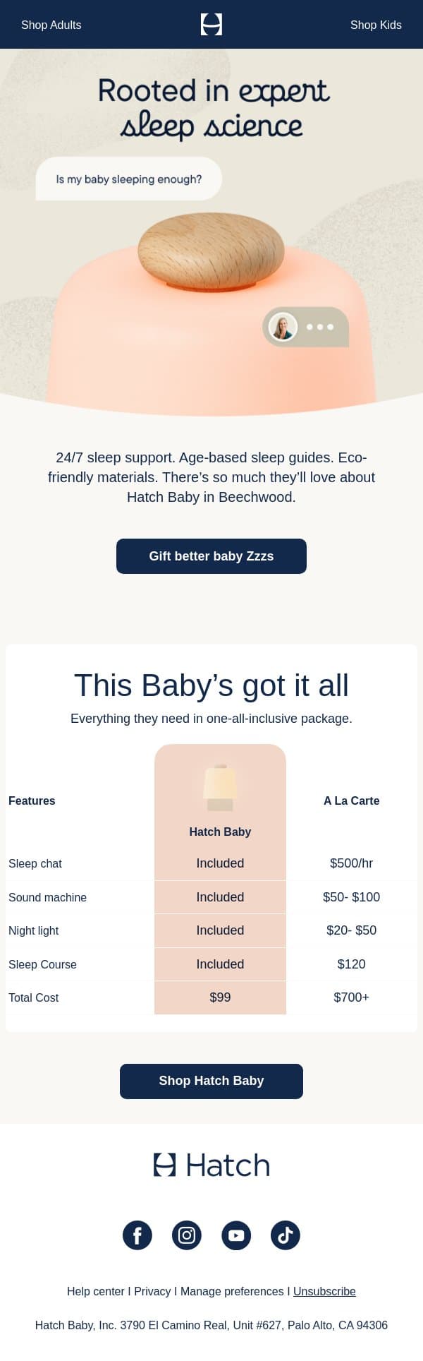 New color. Natural materials. Better baby Zzzs. email from Hatch screenshot