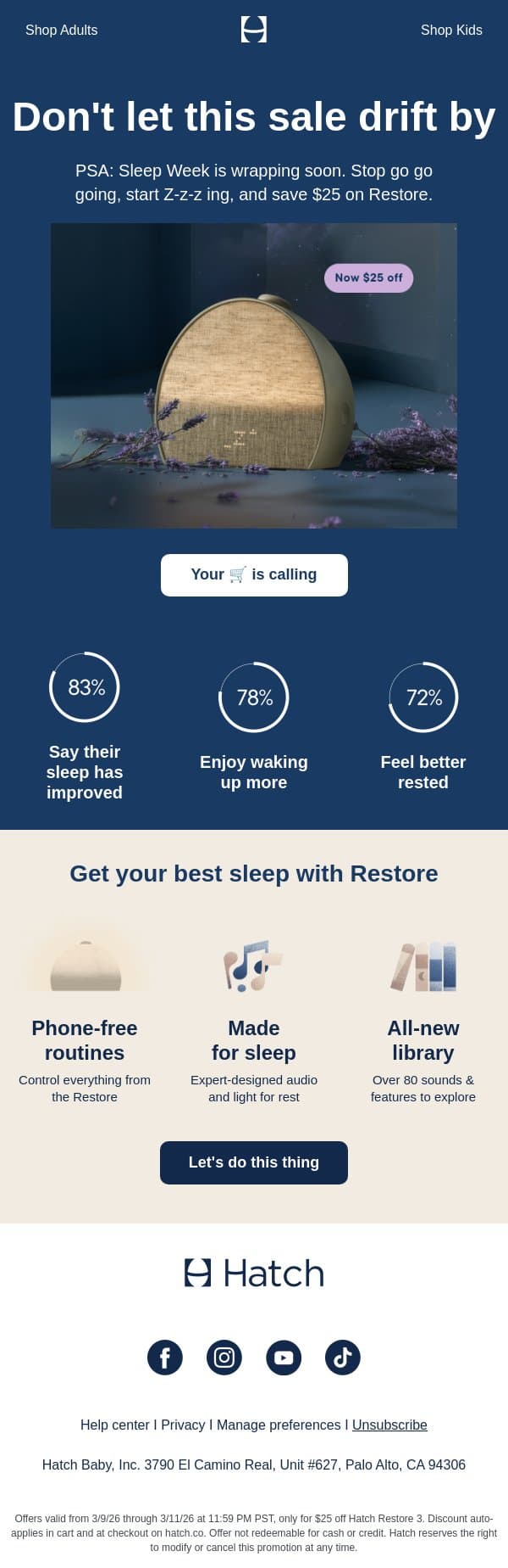 $25 off Restore ends soon 🫣 email from Hatch screenshot