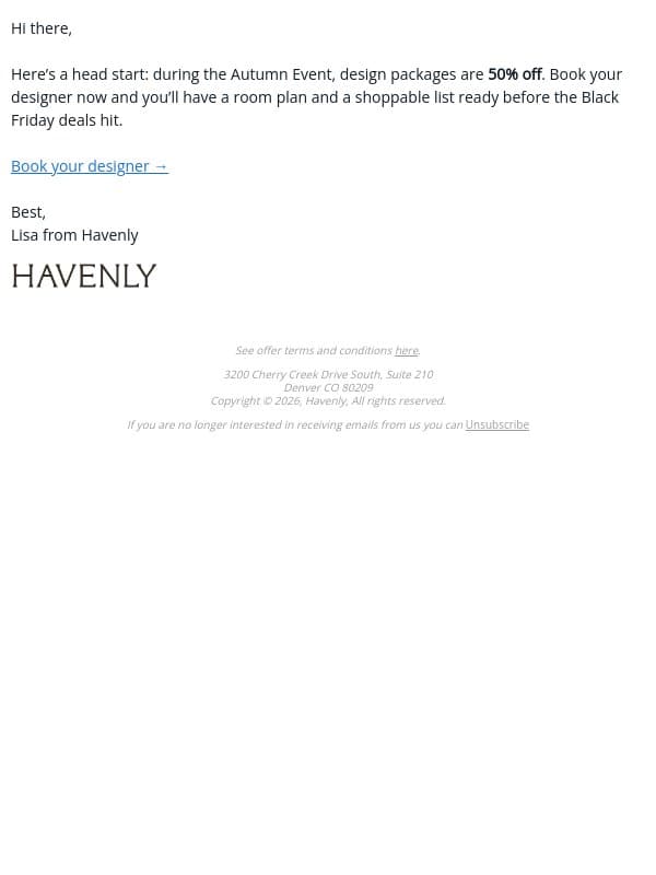 Black Friday sales are coming, are you ready? email from Havenly screenshot