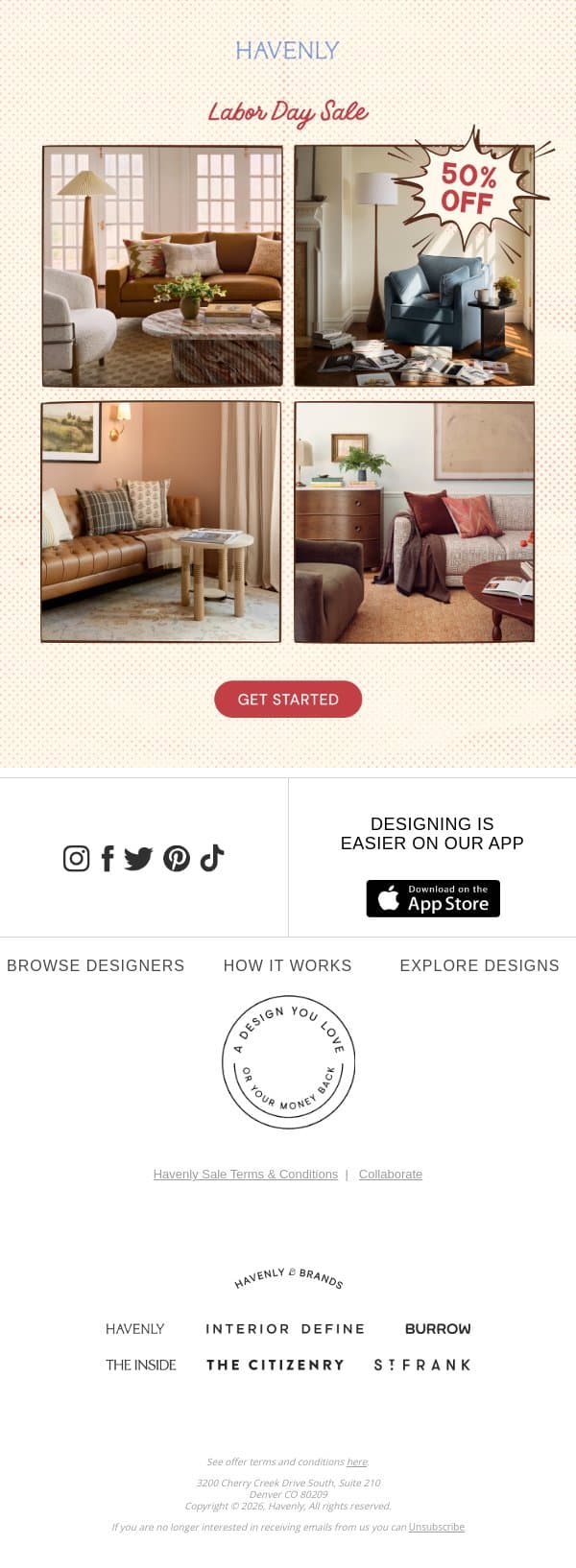 DON'T FORGET: 50% off design packages email from Havenly screenshot