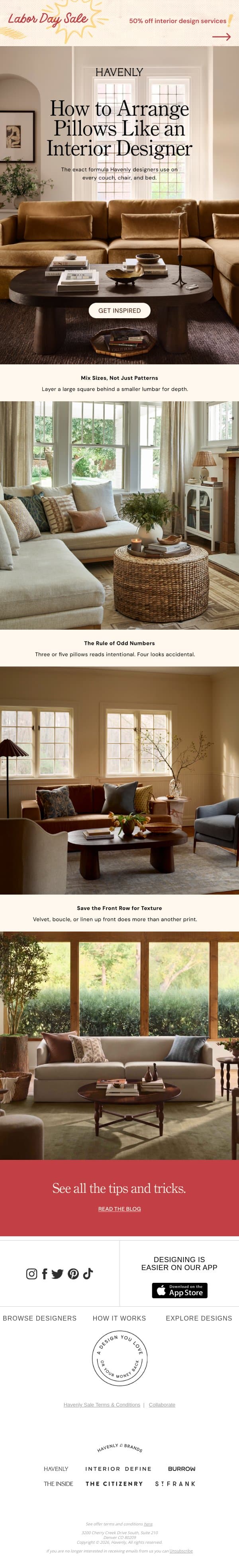 How to arrange pillows like a designer email from Havenly screenshot