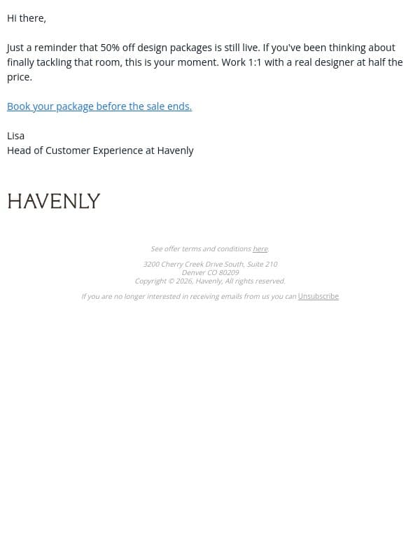 The Summer Sale is still on ☀️ email from Havenly screenshot