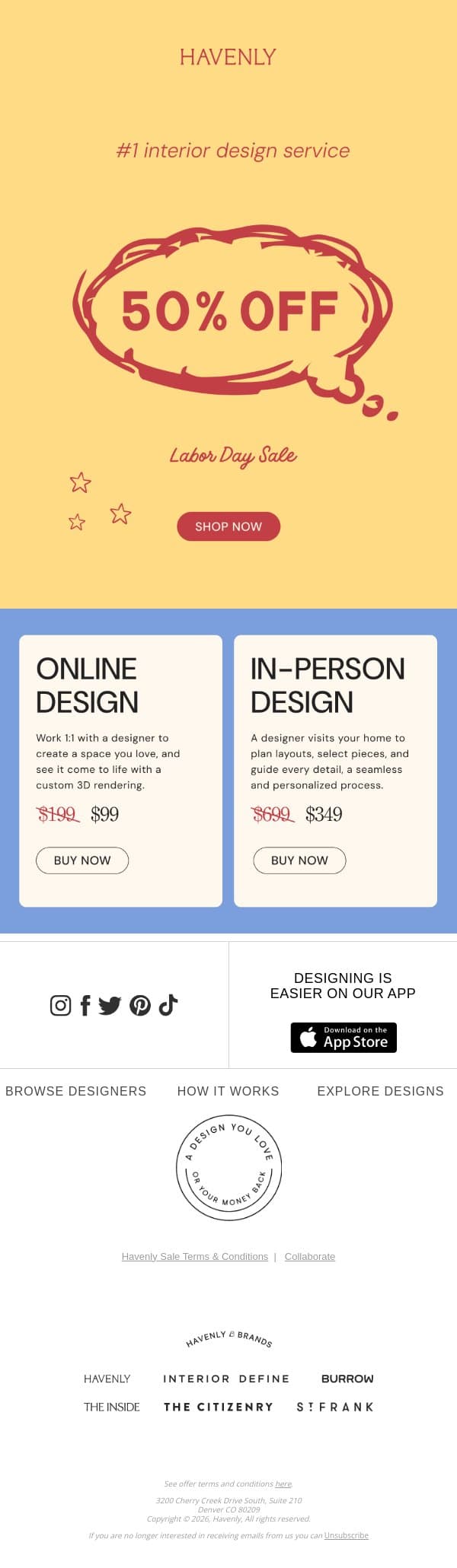 REMINDER: 50% off design packages email from Havenly screenshot