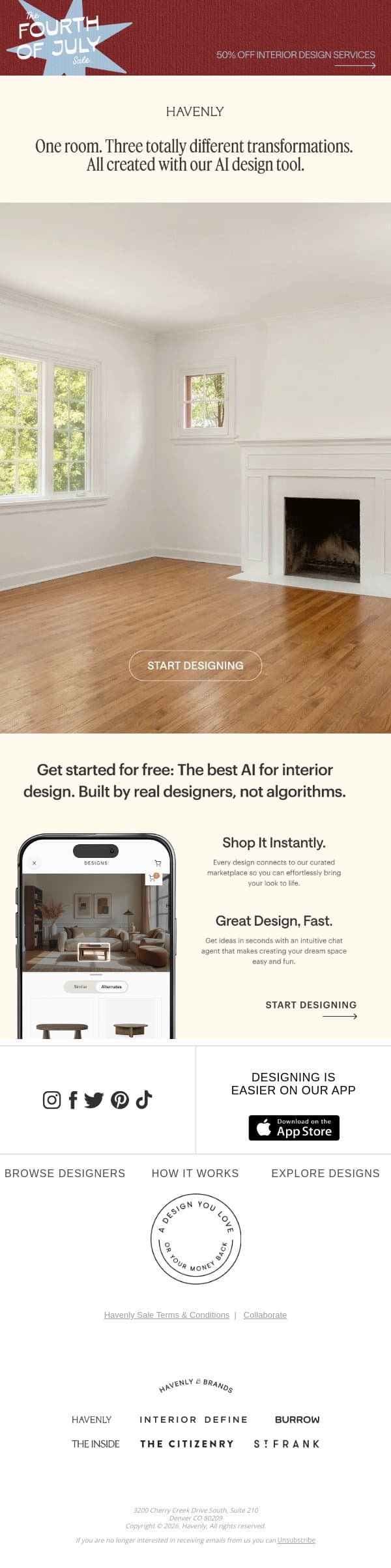 One room, three totally different looks email from Havenly screenshot