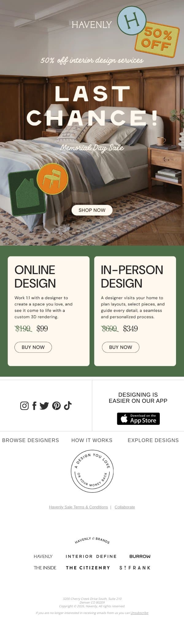 Last chance for 50% off design services email from Havenly screenshot
