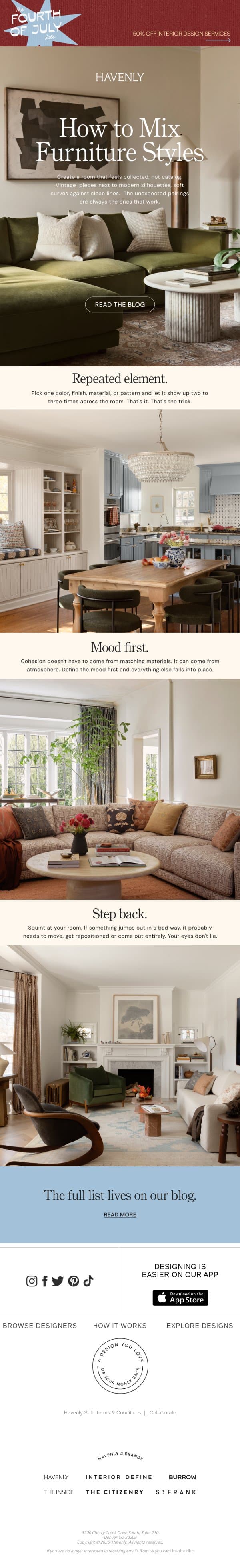 Mix furniture styles like a pro email from Havenly screenshot