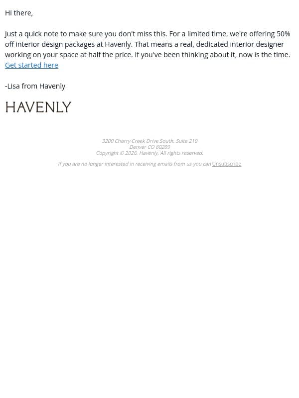 Inside: your 50% off design offer email from Havenly screenshot
