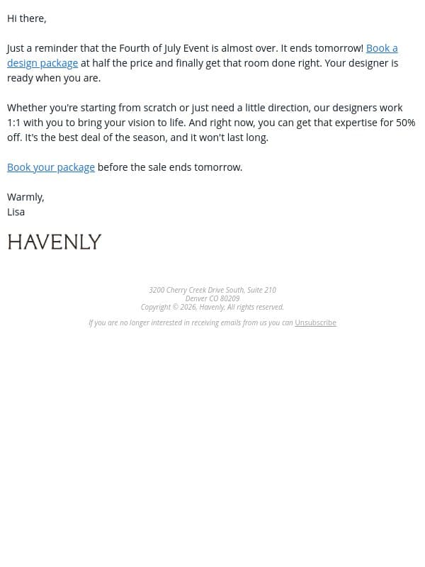 50% off design ends soon email from Havenly screenshot