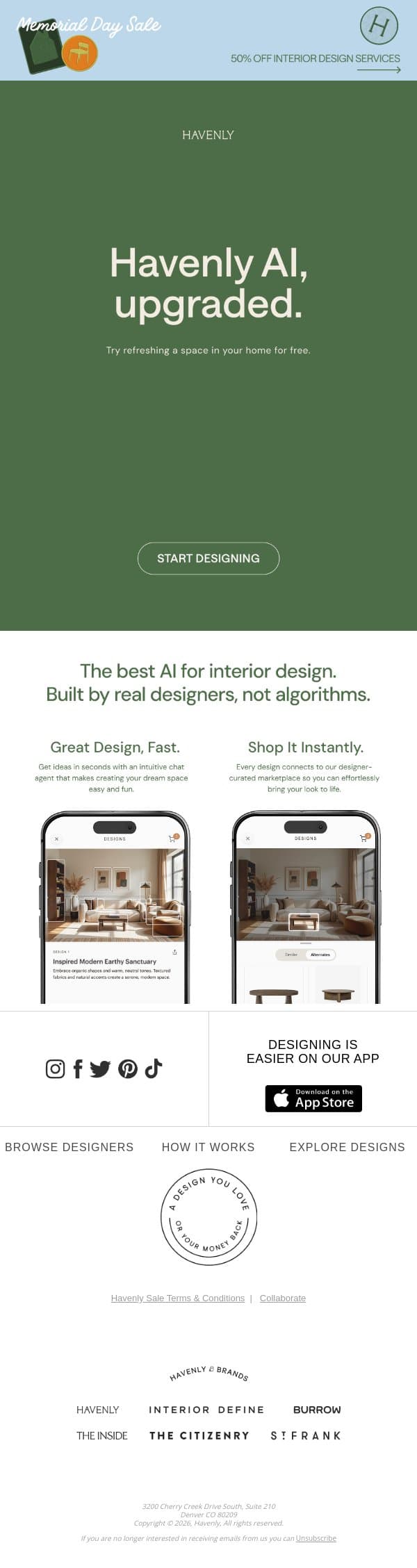 AI design, backed by real designers email from Havenly screenshot
