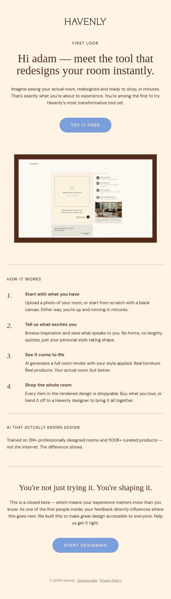 You're invited: early access to Studio 6 email from Havenly screenshot