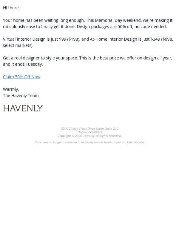 $99 to transform your space email from Havenly screenshot