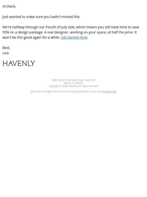 Still on: 50% off design email from Havenly screenshot