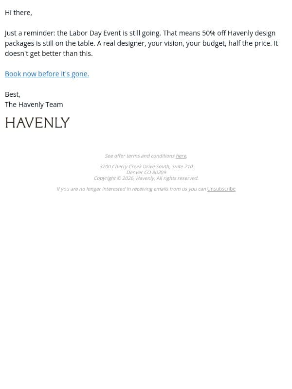 Don't forget: 50% off design email from Havenly screenshot