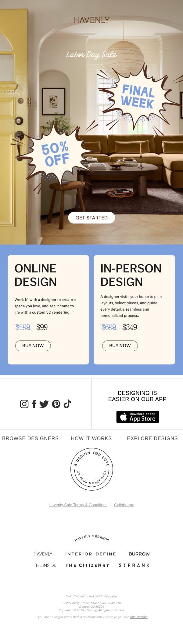 FINAL WEEK: 50% off design packages email from Havenly screenshot