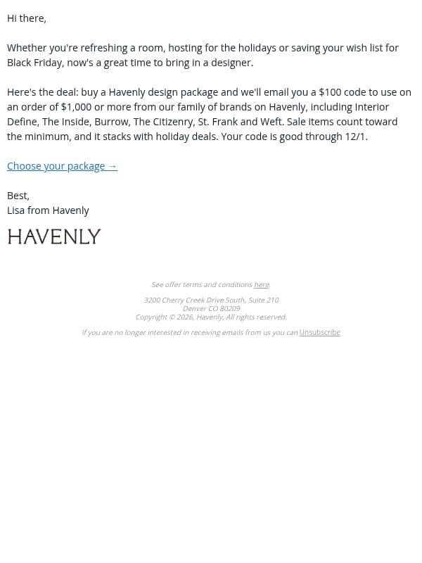 Get ready for the holidays email from Havenly screenshot