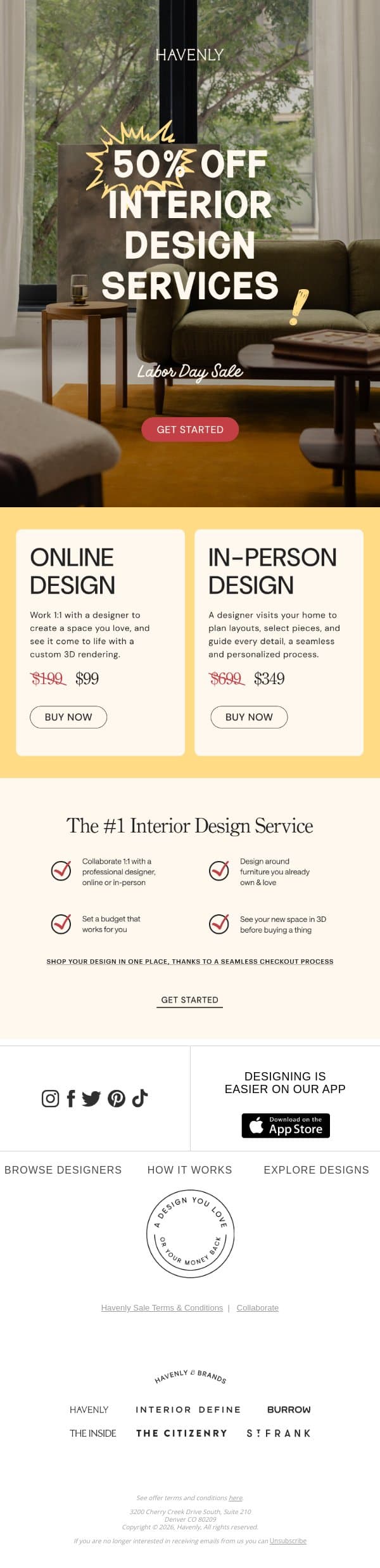 The Labor Day Event: 50% off design packages email from Havenly screenshot