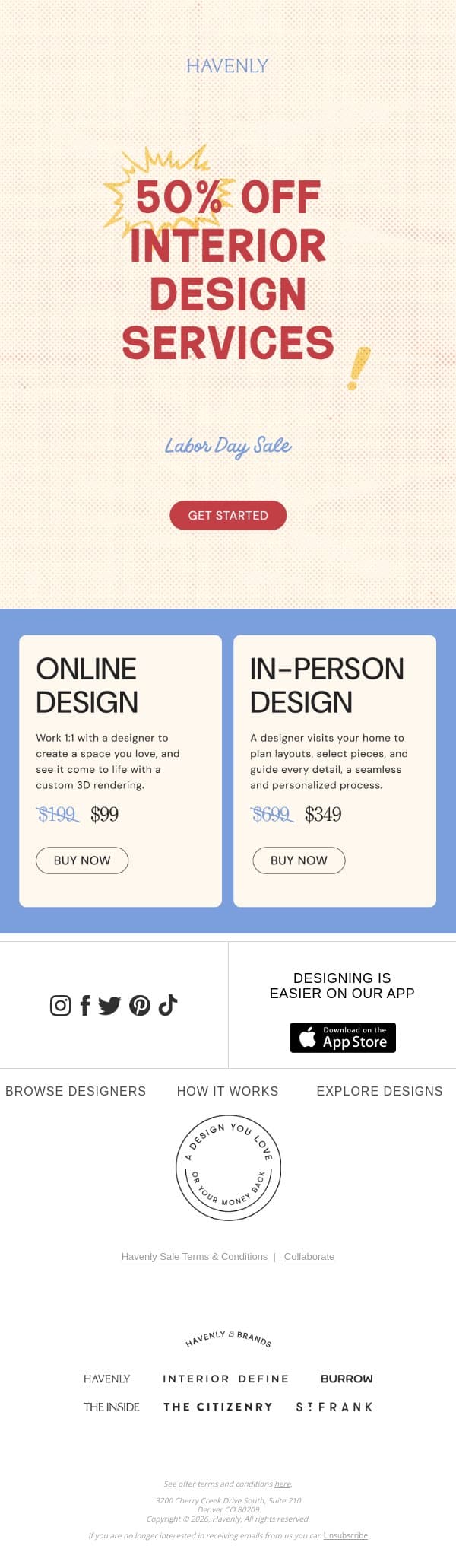 The Labor Day Event: 50% off design email from Havenly screenshot