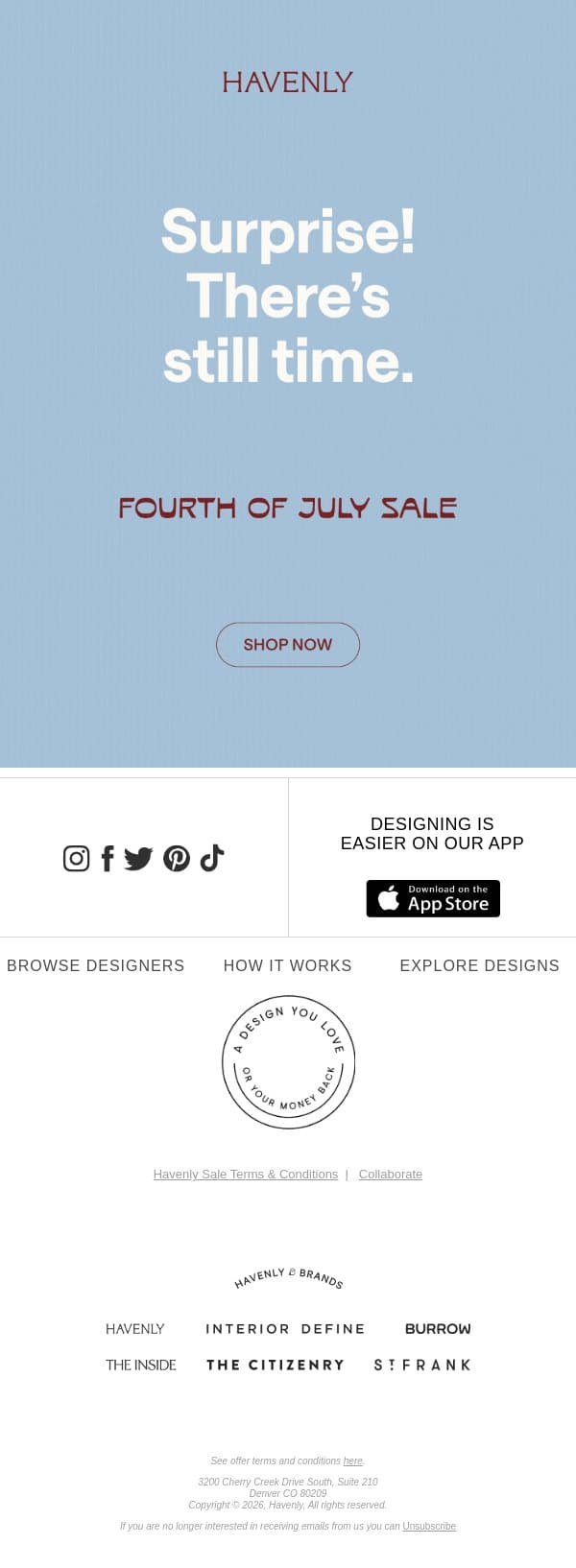 We extended the sale. You're welcome email from Havenly screenshot