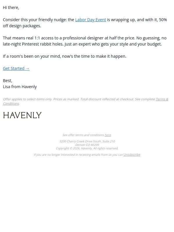 50% off interior design services email from Havenly screenshot
