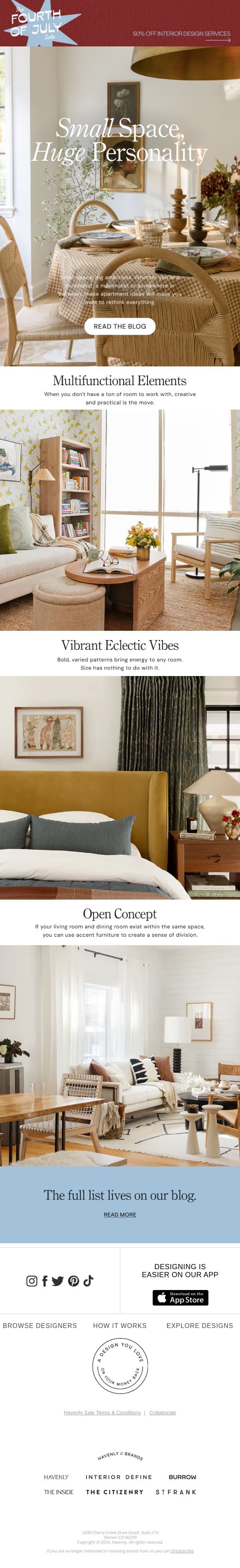 Big savings (and good tips) for small spaces email from Havenly screenshot