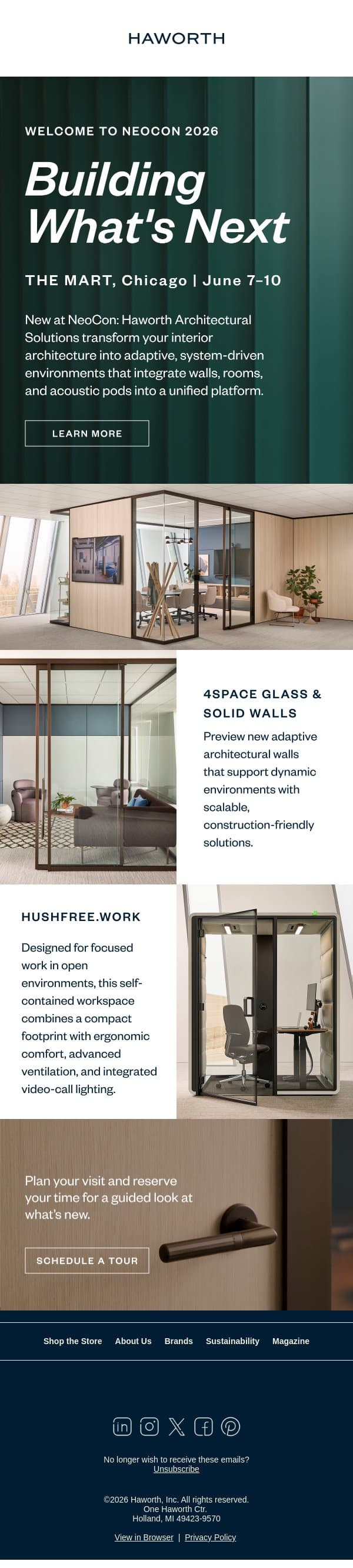 Building What’s Next at NeoCon 2026 email from Haworth screenshot
