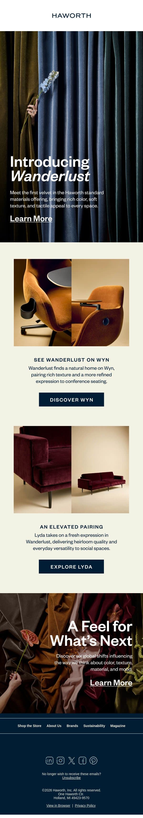 Meet Wanderlust, Our First Velvet email from Haworth screenshot