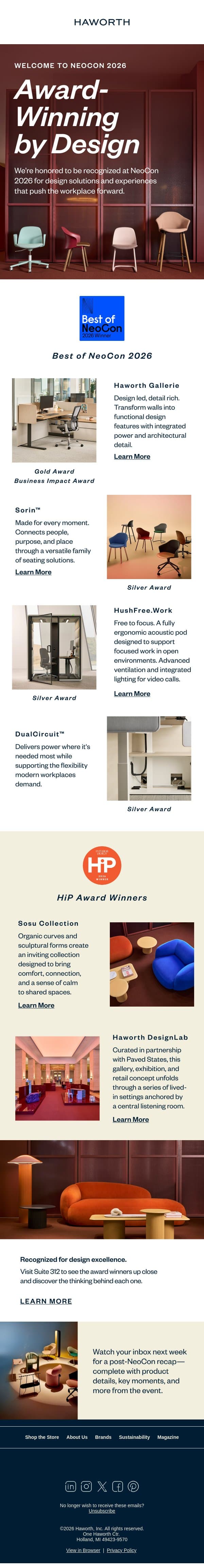 Announcing Our NeoCon 2026 Winners 🏆 email from Haworth screenshot