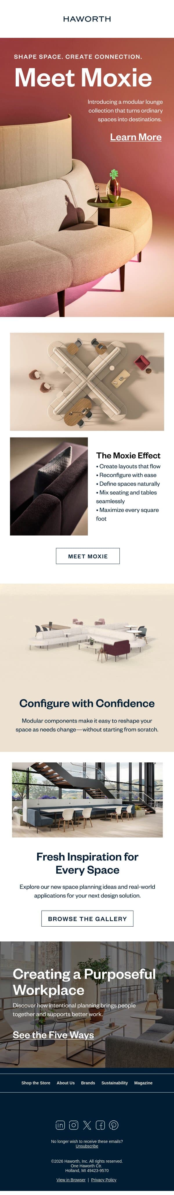 Introducing Moxie, a Modern Modular Lounge email from Haworth screenshot