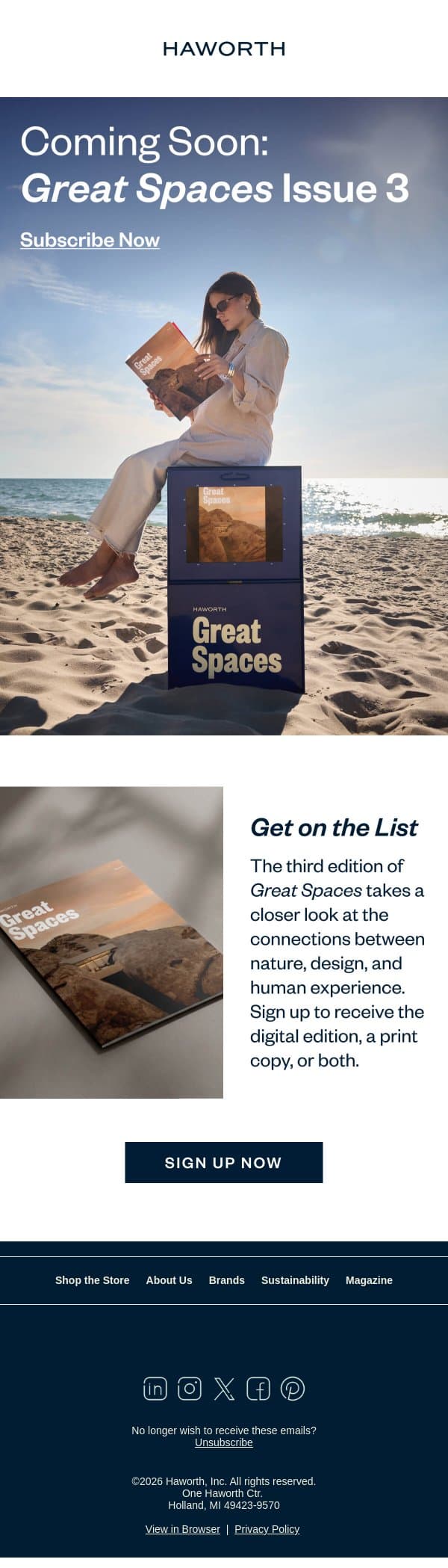 Great Spaces Issue 3 is Coming Soon email from Haworth screenshot