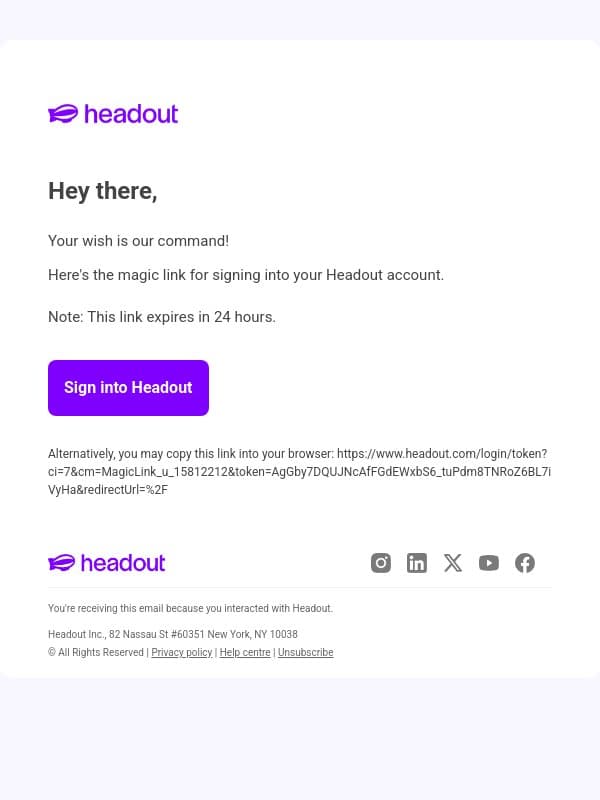 Sign in to Headout and start an experience of a lifetime! email from Headout screenshot