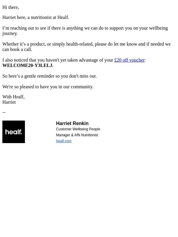A Message from Harriet at Healf email from Healf screenshot